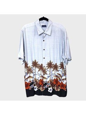 John Ashford XL Hawaiian Shirt With Palm Trees & Hibiscus Print 100% Rayon Short